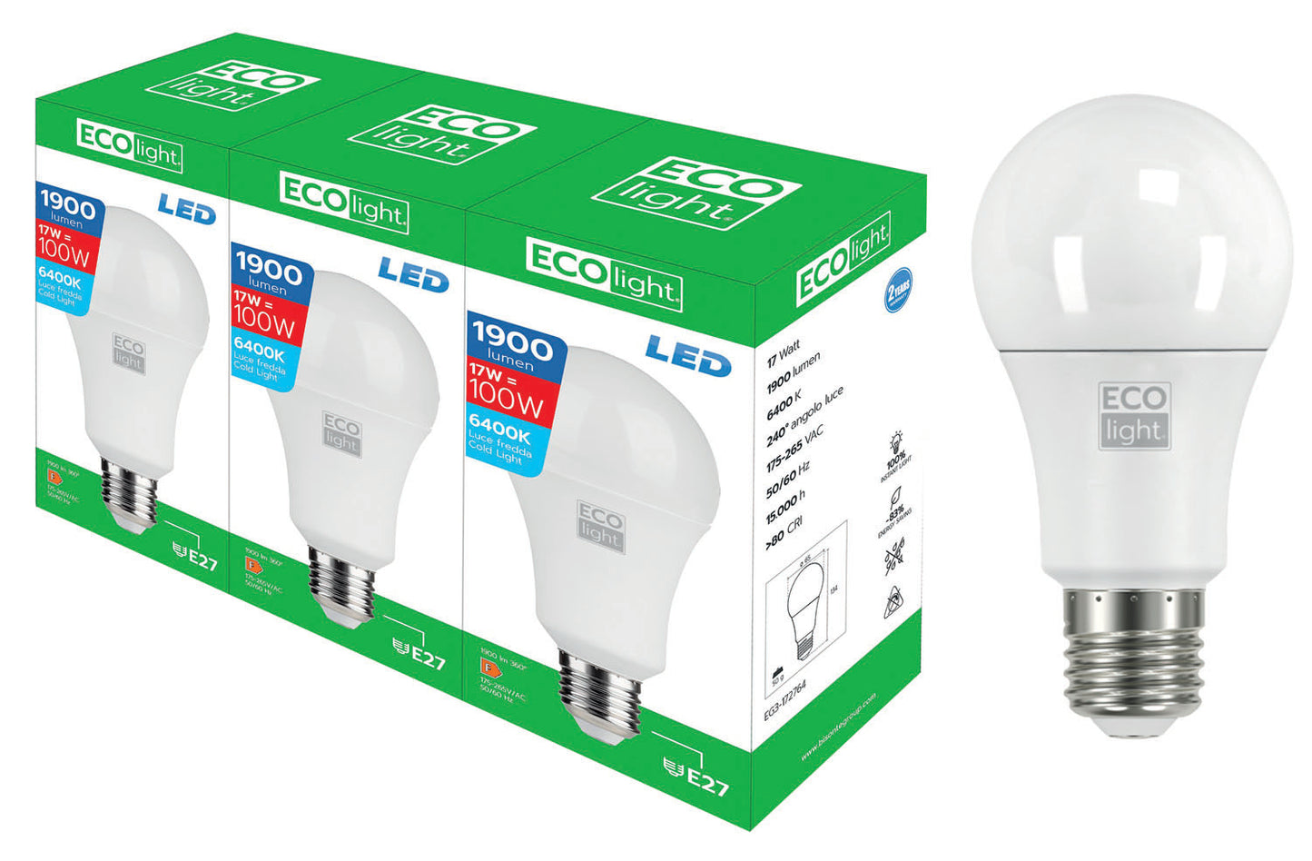 Lampadine Ecolight LED E27 – GO18W F.confezione da 3 pezzi