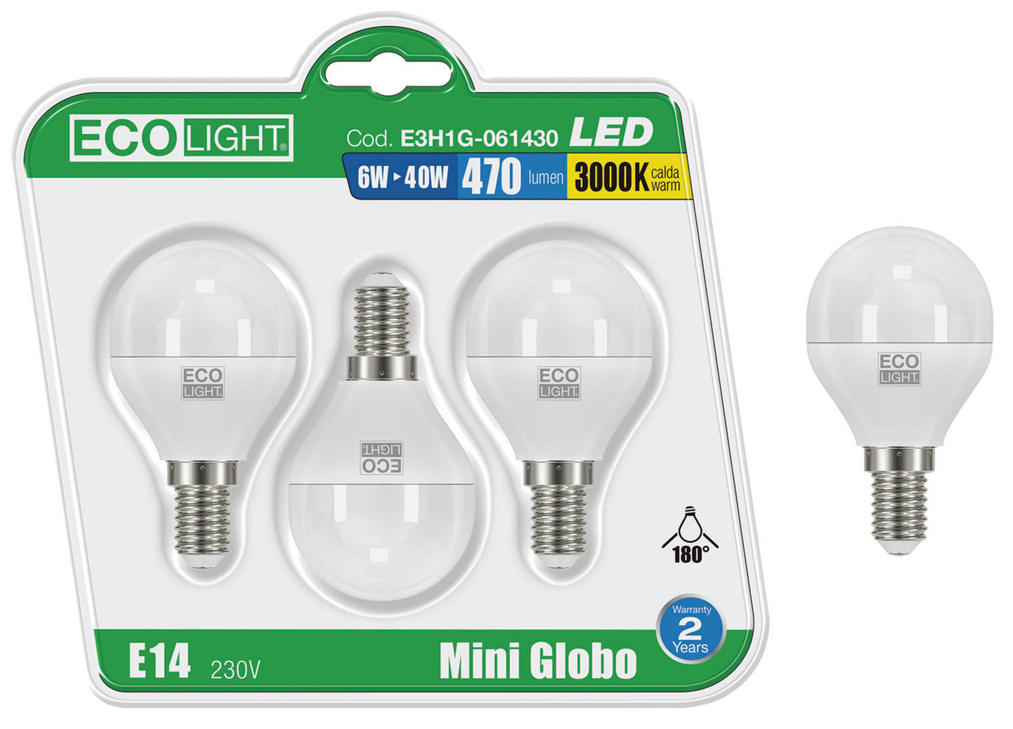 Lampadine Ecolight LED – E14M/GL6W C.confezione da 3 pezzi