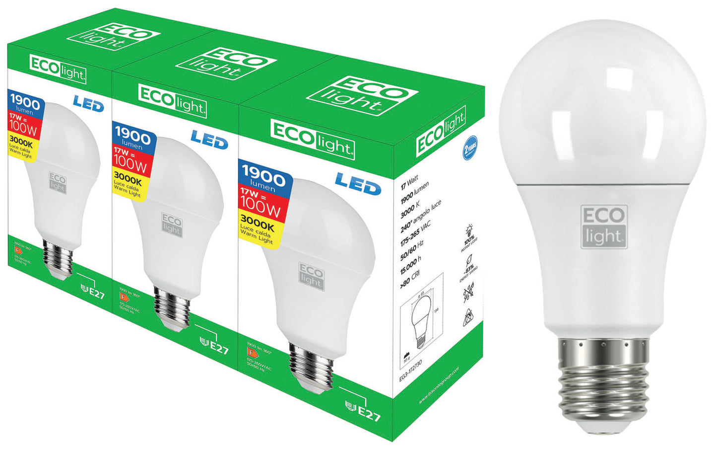 Lampadine Ecolight LED E27 – GO17W C.confezione da 3 pezzi