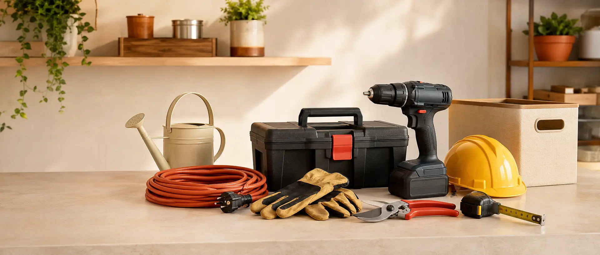 Prodotti per casa, lavoro, sicurezza e giardino su un banco luminoso